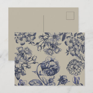 Blaue Toile-Blumenmuster im Vintage-Stil Postkarte