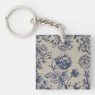 Blaue Toile-Blumenmuster im Vintage-Stil Schlüsselanhänger