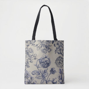 Blaue Toile-Blumenmuster im Vintage-Stil Tasche