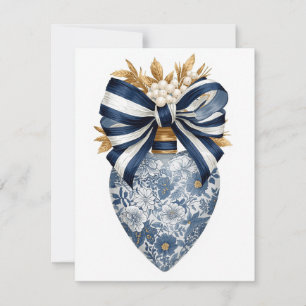 Blaue Toile Blumiges Herz Navy Streifen Bogen Feiertagskarte
