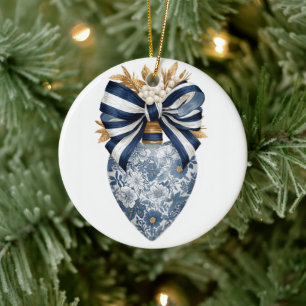 Blaue Toile Blumiges Herz Navy Streifen Bogen Keramik Ornament
