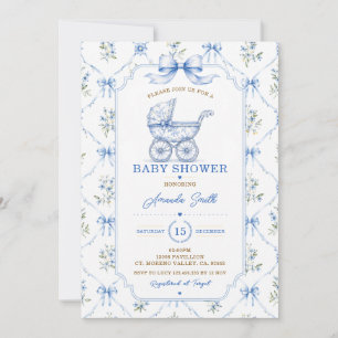Blaue Toile Chinoiserie Baby Shower Karre Blumen Einladung