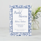 Blaue Toile-Chinoiserie-Blumen-Hochzeitsdusche Einladung (Stehend Vorderseite)