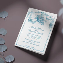 Blaue Toile de Jouy Hochzeitseinladung aus Paris