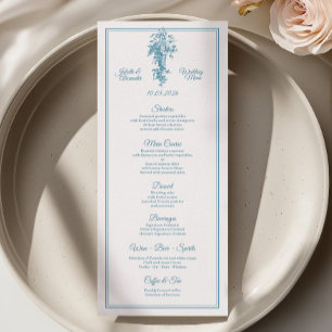 Blaue Toile de Jouy-Hochzeitsmenükarte Menükarte