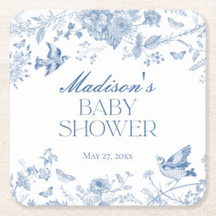 Blaue Toile De Jouy Vintage Blumen Baby-Party Rechteckiger Pappuntersetzer