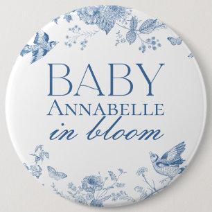 Blaue Toile De Jouy Vintage Blumen Baby Shower Button