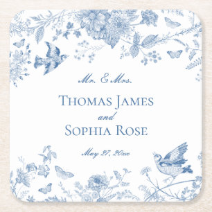 Blaue Toile De Jouy Vintage Blumen Hochzeit Rechteckiger Pappuntersetzer