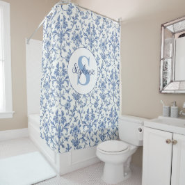 Blaue Toile Französisches Monogramm Name Florales  Duschvorhang