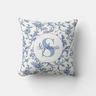 Blaue Toile Französisches Monogramm Name Florales  Kissen