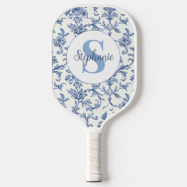Blaue Toile Französisches Monogramm Name Florales  Pickleball Schläger