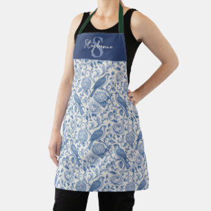 Blaue Toile Französisches Monogramm Name Florales Schürze