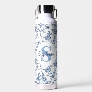 Blaue Toile Französisches Monogramm Name Florales  Trinkflasche