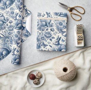 Blaue Toile-Hasen-Vintage Geschenkpapier
