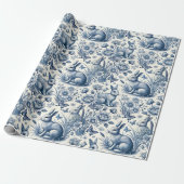 Blaue Toile-Hasen-Vintage  Geschenkpapier (Ungerollt)