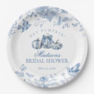 Blaue Toile-Kürbis-Französische-Herbst-Blumen-Brau Pappteller