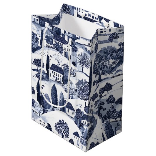 Blaue Toile-Landschaftsszene Mittlere Geschenktüte (Vorderseite Schrägansicht)