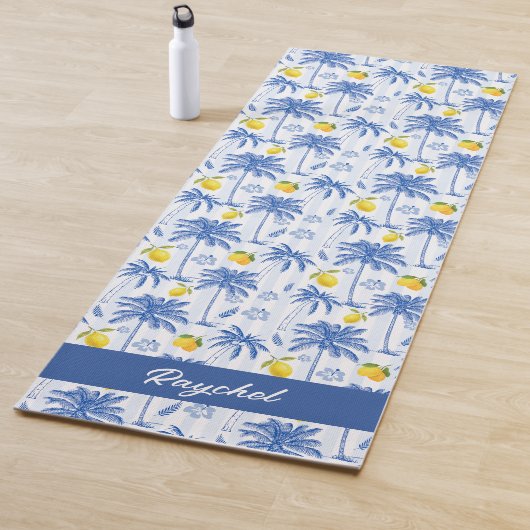 Blaue Toile-Palmen-Limonen-Monogramm-Name Yogamatte (Beispiel)