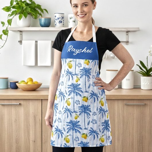 Blaue Toile-Palmen-Limonien-Monogramm-Name Schürze