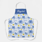 Blaue Toile-Palmen-Limonien-Monogramm-Name Schürze (Vorderseite)