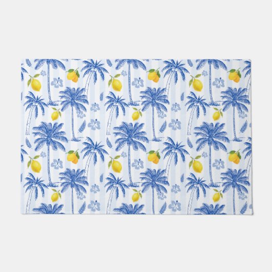 Blaue Toile-Palmen Zitronen Fußmatte (Vorderseite)