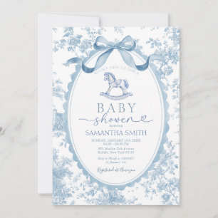 Blaue Toile Schaukelpferd Baby Shower Einladung