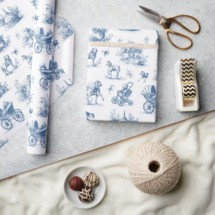 Blaue Toile Vintage Babyparty Geschenkpapier