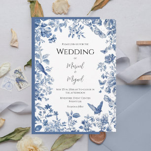 Blaue Toile Vintage-Hochzeit Einladung