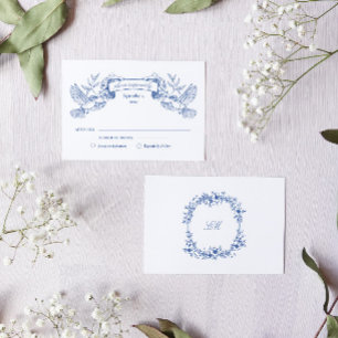 Blaue Toile-Vögel Hochzeit RSVP Karte