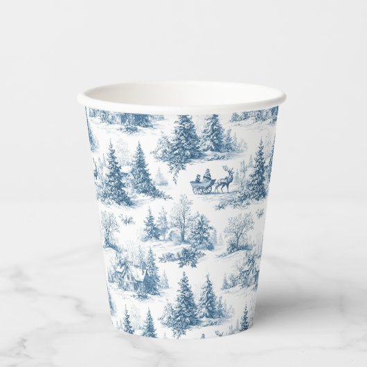 Blaue Toile-Weihnachtsmuster Pappbecher (Vorderseite)