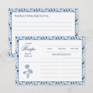Blaue Toile-Wildblumen-Familien-Rezeptkarten Einladung