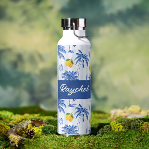 Blaue Toilette Palmen Bäume Zitronen Monogramm Nam Trinkflasche
