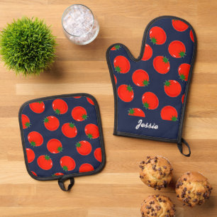Blaue Tomaten Ofenhandschuh & Topflappen-Set