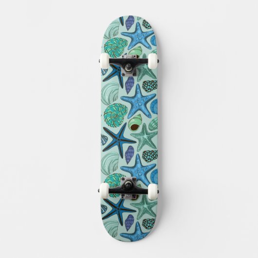 Blaue Töne Muscheln Und Seestern Muster Skateboard (Vorderseite)
