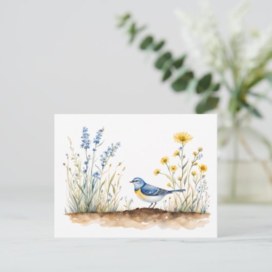 Blaue Töne unter Wildblumen - Wasserfarben Kunst Postkarte (Stehend Vorderseite)