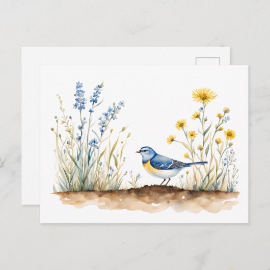 Blaue Töne unter Wildblumen - Wasserfarben Kunst Postkarte (Vorne/Hinten)
