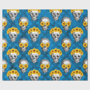 Blaue Totenköpfe und Sonnenblumen-Serie Design 1  Geschenkpapier