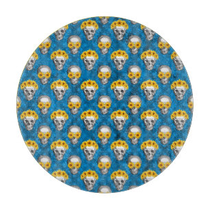 Blaue Totenköpfe und Sonnenblumen-Serie Design 1 Schneidebrett