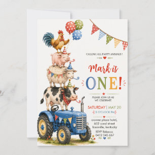 Blaue Traktor-Farmtiere Erster Geburtstag Einladung