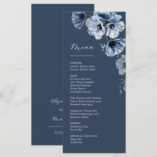 Blaue transparente Blumen Hochzeit Menükarte (Vorne/Hinten)