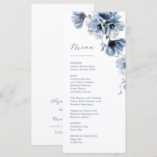 Blaue transparente Blumen Hochzeit Menükarte (Vorne/Hinten)