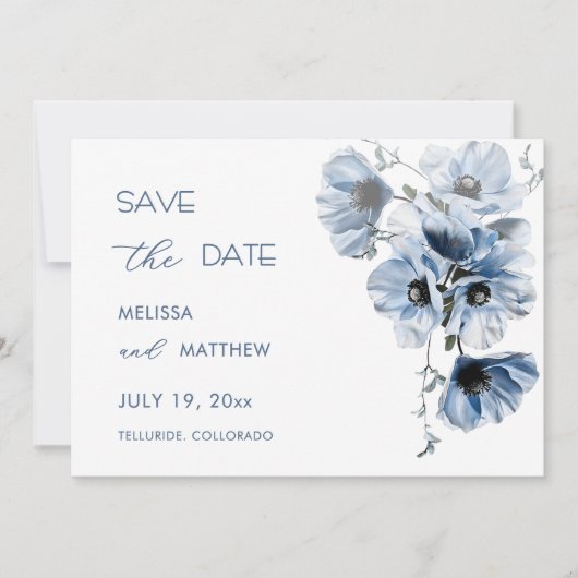 Blaue transparente Blumen-RSVP-Karte Save The Date (Vorderseite)