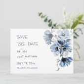Blaue transparente Blumen-RSVP-Karte Save The Date (Stehend Vorderseite)