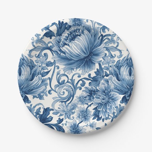 Blaue Träume | Florale Wassermalerei Chinoiserie W Pappteller (Vorderseite)