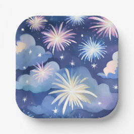 Blaue Träumerische Wolken | Feuerwerk Sterne Wasse Pappteller
