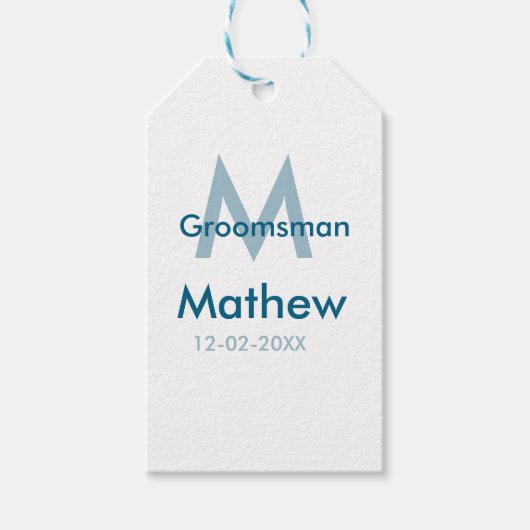 Blaue Trauzeuge mit Namensbuchstaben männlich pro Geschenkanhänger (Vorderseite)