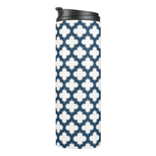 Blaue Trellis, Gitter, Quatrefolie Thermosbecher (Nach rechts gedreht)