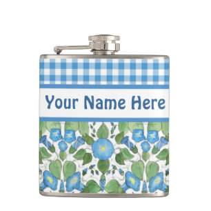 Blaue Trichterwinde und Karo-Gingham-Hip-Flasche Flachmann