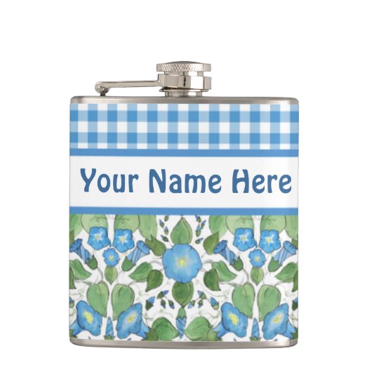 Blaue Trichterwinde und Karo-Gingham-Hip-Flasche Flachmann (Vorderseite)