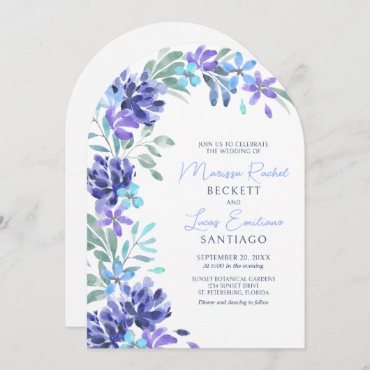 Blaue Tropenblumenhochzeit Einladung (Vorne/Hinten)